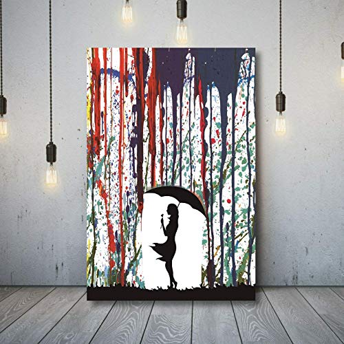 LLNN Banksy farbige Regen Leinwand Gemälde Bild, Mädchen mit Regenschirm Thema Poster Drucke für Wohnzimmer Home Wanddekoration 20x30cm mit Rahmen von LLNN