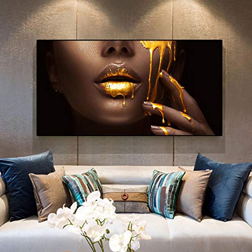 Leinwand Bilder Sexy Goldene Lippen Afrikanische Frau Kunst Gemälde Wand Schwarze Frau für Wohnzimmer Dekor 80x160cm (31 "x63") Ungerahmt von LLNN