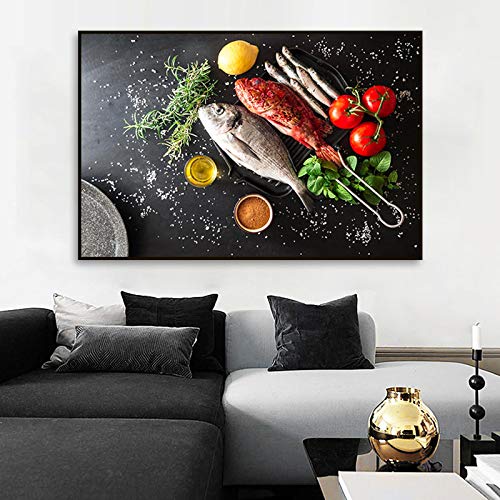 Poster und Drucke Fisch Gemüse Gewürze Leinwand Malerei Moderne Küche Wandkunst Lebensmittel Bilder Wohnzimmer Dekoration 80x120cm Kein Rahmen von LLNN