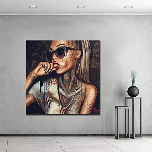 Wand Leinwand Druck Tätowierte Frau mit Brille Leinwand Malerei Cuadros Poster Wandkunst für Wohnzimmer Wohnkultur 80x80cm (32 "x32") Kein Rahmen von LLNN