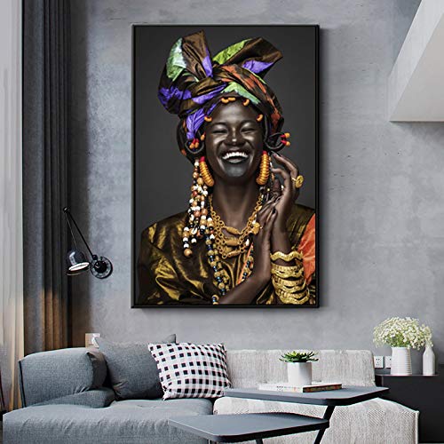 Wandkunst afrikanisches Lachen schwarze Frauen Figur Leinwand Malerei auf den Plakaten druckt Wandbild für Wohnzimmer 70x122cm (27 "x48") Kein Rahmen von LLNN