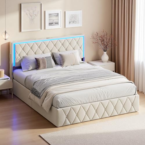 Bett mit Stauraum, 160 x 200 cm, gepolstertes Doppelbett mit Aufbewahrungsfunktion, Kopfteil, Truhe, hydraulisch, Funktionsbett für Erwachsene und Jugendliche, ohne Matratze, Samt, Beige Bett mit Stauraum, 160 x 200 cm, gepolstertes Doppelbett mit Aufbewahrungsfunktion, Kopfteil, Truhe, hydraulisch, Funktionsbett für Erwachsene und Jugendliche, ohne Matratze, Samt, Beige von LLODERY