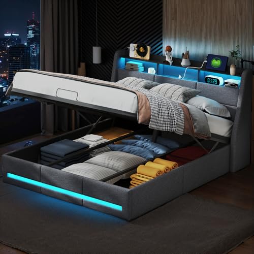 Gepolstertes Doppelbett, 140 x 190 cm, Bett mit Stauraum und Hydraulikfunktion, Bettgestell mit Lattenrost, Metallbetten mit USB und LED, für Erwachsene und Jugendliche Gepolstertes Doppelbett, 140 x 190 cm, Bett mit Stauraum und Hydraulikfunktion, Bettgestell mit Lattenrost, Metallbetten mit USB und LED, für Erwachsene und Jugendliche von LLODERY