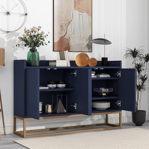 LLODERY Kommode 120 x 30 x 80 cm, Sideboard mit 4-Türiger Griffloser,Buffetschrank mit Metallbeinen und verstellbaren Einlegeböden, geeignet für Esszimmer, Wohnzimmer,Küche, weiß/schwarz/blau (blau) von LLODERY