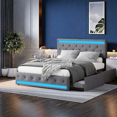 LLODERY Polsterbett 180x200cm mit 4 Schubladen, Doppelbett Stauraumbett mit LED und USB Ladefunktion, Bettgestell mit Lattenrost und Multifunktionskopfteil, Matratze Nicht inklusive Bettwäsche von LLODERY