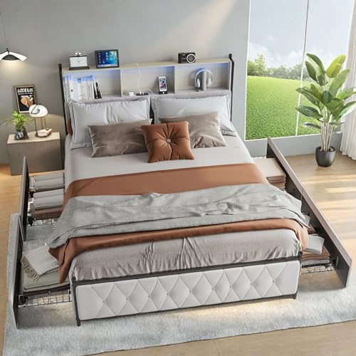 LLODERY Polsterbett Doppelbett 160x200 cm, LED Bett – Kopfteil mit USB-Anschlüssen und Stauraum. Stauraumbett mit 4 Schubladen. Bett mit Stauraum und Lattenrost, Jugendbett ohne Matratze, Beiger Samt LLODERY Polsterbett Doppelbett 160x200 cm, LED Bett – Kopfteil mit USB-Anschlüssen und Stauraum. Stauraumbett mit 4 Schubladen. Bett mit Stauraum und Lattenrost, Jugendbett ohne Matratze, Beiger Samt von LLODERY