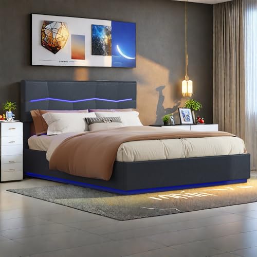 LLODERY Polsterbett Doppelbett 160x200 cm mit LED Beleuchtung und USB Ladeanschluss, Hydraulisches Stauraumbett/LED Bett, Bett mit Stauraum und Lattenrost, Jugendbett ohne Matratze, PU Leder, Schwarz von LLODERY