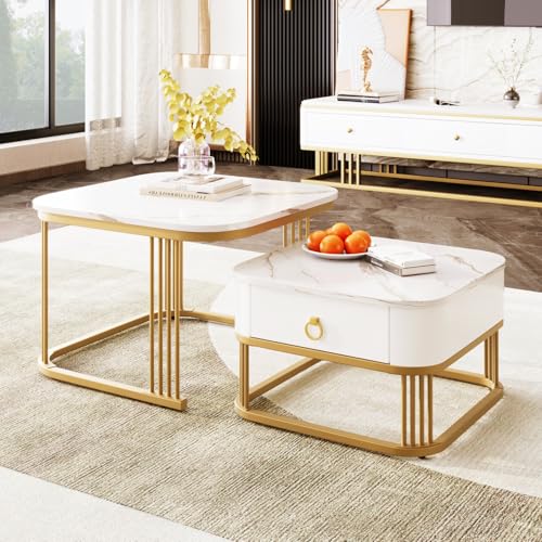 LLODERY Quadratischer Couchtisch 2er-Set, Satztisch mit Einer Schublade, moderner Wohnzimmertisch mit Marmorfurnier, einfach zu montierender Sofatisch, Weiß + Gold von LLODERY
