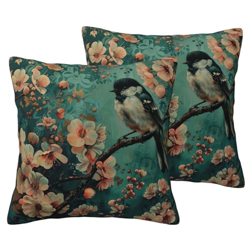 LLOTPQ Kissenbezug aus Leinenimitat, 61 x 61 cm, Blumen- und Vogel-Kunstdruck, 2er-Set, weich und atmungsaktiv, Reißverschluss, Seitenschlaf, kuscheliges Gedächtnis von LLOTPQ