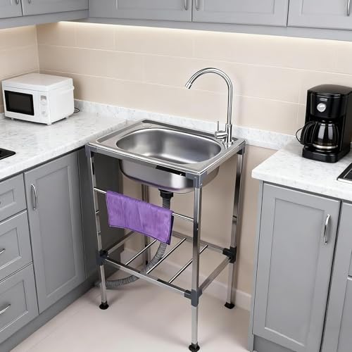 48x35x83cm Freistehende Edelstahl Küchenspüle,1 Becken Gewerbliche Spülbecken Multifunktionswaschtisch,Mobile Utility Spüle mit 360° Rotatable Faucet,für Werkstatt Bauernhaus Gastronomie Außenspüle von LLPEIJIE026