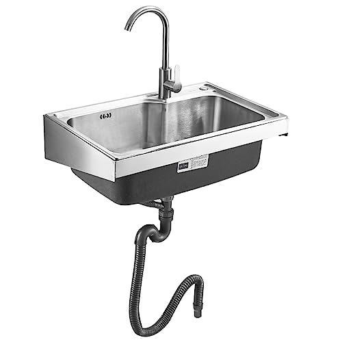 Edelstahl Spülbecken Kommerzielles Einzelbecken-Waschbecken,Wandmontage Ausgussbecken Mit heißem und kaltem Wasserhahn,Haushaltsspülbecken,Für Bar Küche Restaurant (48x35cm) von LLPEIJIE026