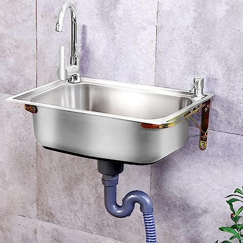 Edelstahl Waschbecken Wandmontierte Einzelbecken Spülbecken, Ausgussbecken Mit Wasserhahn Kommerzielles Waschbecken Einfaches Küchenspüle,Für Waschküche Restaurant (48x35cm) von LLPEIJIE026