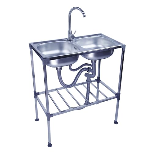 Freistehende Outdoor-Spüle,Edelstahl Küchenspüle,Mobiles Doppelwaschbecken Kommerzielle Ausgussbecken Tragbar Catering Spülbecken,für Waschraum Garage Bauernhaus Restaurant von LLPEIJIE026