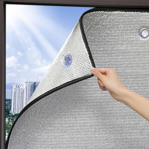 Sonnenschutz Wärmedämmung Dämmfolie Doppelte Aluminium Isolierfolie UV-Schutz Selbstklebend Sichtschutzfolie für Fenster,Mit Saugnapf Verdunkelungsfolie (70x80cm/28x31in) von LLPEIJIE026
