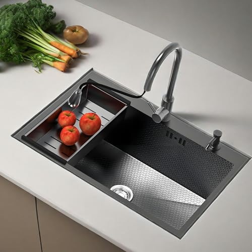 Unterbau Küchenspüle 80x50cm Groß Handgefertigte 1 Becken Edelstahl Spülbecken Einbauspüle 22 cm Tief Einbauwaschbecken Mit ausziehbarem Wasserhahn,für Den Unterbau Und Aufsatz von LLPEIJIE026