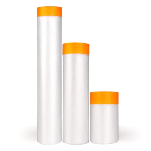 LLPT Abdeckfolie Klebeband mit Folie | 3 Packungen | Maler-Abdeckplane aus Kunststoff für Autowände Möbel Lackierungen und Spritzschutz (MFT551427OR) | Orange 3 Größen (55 cm + 140 cm + 270 cm) von LLPT