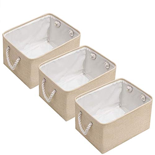 LLSHN Aufbewahrungskorb aus Leinen, Faltbar Aufbewahrungsbox aus Stoff mit Griffen für Spielzeug, Kleidung, Büroprodukte und andere Kleinteile, 31 x 21 x 12 cm (Beige, 3er-Pack) von LLSHN