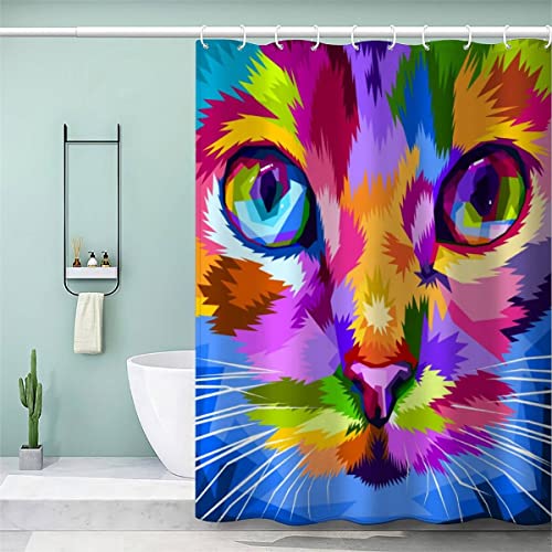 100% Polyester Lang Duschvorhang 240x200 Bad Vorhäng 3D Motiv Katze Für extragroße und extrabreite Badezimmerwannen Katzenschminken Wasserdicht Anti-Schimmel Badewanne Vorhang von LLSL