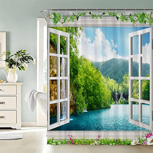 100% Polyester Lang Duschvorhang 240x200 Bad Vorhäng 3D Motiv Landschaft Vor Dem Fenster Für extragroße und extrabreite Badezimmerwannen Wasserfall-Hügel Wasserdicht Anti-Schimmel Badewanne Vorhang von LLSL