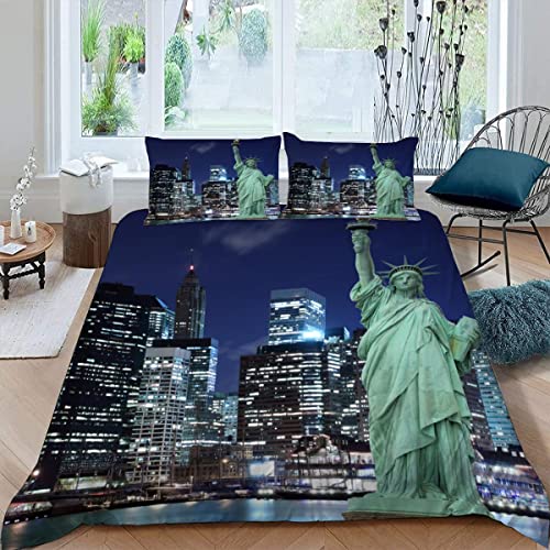 Bettbezug Set 3D Digitaldruck Dreiteiliges New York Mikrofaser sehr weich Pflegeleicht Hypoallergen Bettwäsche Set Freiheitsstatue mit 2 Kissenbezügen, für Kinder Einzelbett(135 x 200) von LLSL