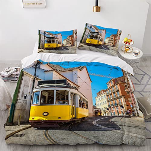 Bettwäsche 135x200 Kinder Lissabon Straßenbahn 3 teilig Weiche Angenehme Mikrofaser Bettbezug Straßenbahn 3D Druck Bettwäsche Set,1 Bettbezüge Mit Reißverschluss et 2 Kissenbezüge 80x80 cm von LLSL