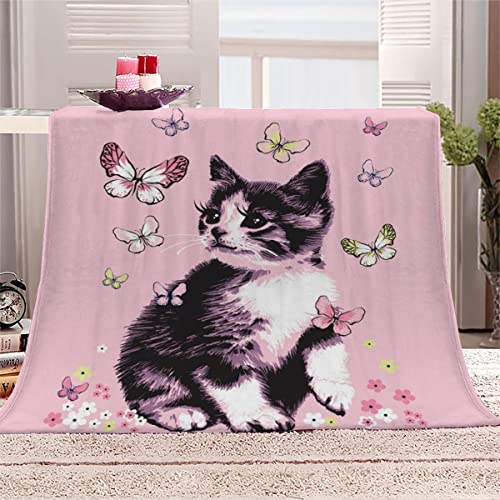 Haustier Katze Kuscheldecke 150x200 cm Flanell Decke Extra Weich Flauschige Wohndecke Rosa Schmetterling mit Muster Blanket Fleecedecke Waschbar Microfaser Sofadecke Couchdecke bettüberwurf von LLSL