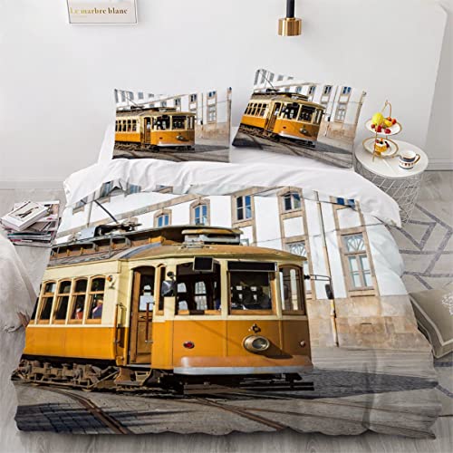 LLSL Orange Straßenbahn Bettwäsche 135×200 Kinder Schiene 3D Druck Bettbezüge Mikrofaser Weiche kuschelig 3 teilig Bettwäsche Set mit Reißverschluss et 2 Kissenbezug 80x80 für Jungen von LLSL