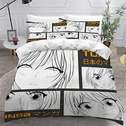 LLSL Manga Bettwäsche 135×200 Kinder Japanische Zeichentrickfiguren 3D Druck Bettbezüge Mikrofaser Weiche kuschelig 3 teilig Bettwäsche Set mit Reißverschluss et 2 Kissenbezug 80x80 cm von LLSL