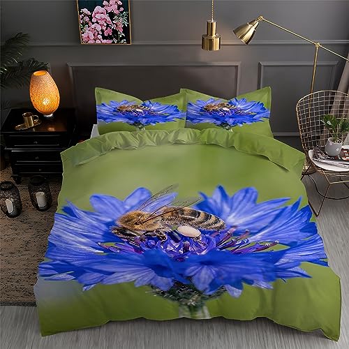 LLSZAHD BettwäSche 135x200 Biene Blaue Blume 3D Bettbezug Weiche und Angenehme Mikrofaser BettwäSche-Sets mit Reißverschluss Schließung + 2 Kissenbezug 80 X 80 cm von LLSZAHD