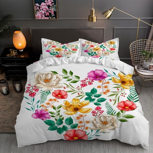 LLSZAHD BettwäSche 135x200 Blumen, Herz Bettbezug 135 x 200 3 Teilig mit ReißVerschluss Weich und BüGelfrei BettwäSche-Sets - WendebettwäSche mit 2 Kissenbezug 80x80 von LLSZAHD