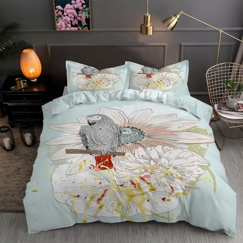 LLSZAHD BettwäSche 135x200 Blumen, Papagei Bettbezug 135 x 200 3 Teilig mit ReißVerschluss Weich und BüGelfrei BettwäSche-Sets - WendebettwäSche mit 2 Kissenbezug 80x80 von LLSZAHD