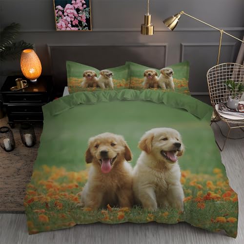 LLSZAHD BettwäSche 135x200 Golden Retriever, Blumenmeer Bettbezug 135 x 200 3 Teilig mit ReißVerschluss Weich und BüGelfrei BettwäSche-Sets - WendebettwäSche mit 2 Kissenbezug 80x80 von LLSZAHD