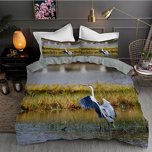 LLSZAHD BettwäSche 135x200 Grau. Kranich. 3D Bettbezug Weiche und Angenehme Mikrofaser BettwäSche-Sets mit Reißverschluss Schließung + 2 Kissenbezug 80 X 80 cm von LLSZAHD