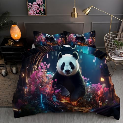 LLSZAHD BettwäSche 135x200 Großer Panda Bettbezug 135x 200 3 Teilig mit ReißVerschluss Blumen Weich und bügelfrei BettwäSche-Sets - WendebettwäSche mit 2 Kissenbezug 80x80 von LLSZAHD