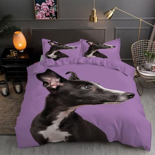 LLSZAHD BettwäSche 135x200 Lila Hund Bettbezug 135x 200 3 Teilig mit ReißVerschluss Whippet Weich und bügelfrei BettwäSche-Sets - WendebettwäSche mit 2 Kissenbezug 80x80 von LLSZAHD