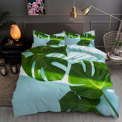 LLSZAHD BettwäSche 135x200 Monstera, Blau Bettbezug 135 x 200 3 Teilig mit ReißVerschluss Weich und BüGelfrei BettwäSche-Sets - WendebettwäSche mit 2 Kissenbezug 80x80 von LLSZAHD