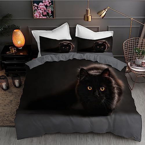 LLSZAHD BettwäSche 135x200 Schwarze Schwarze Katze 3D Bettbezug Weiche und Angenehme Mikrofaser BettwäSche-Sets mit Reißverschluss Schließung + 2 Kissenbezug 80 X 80 cm von LLSZAHD