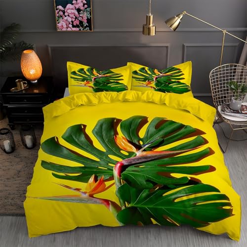 LLSZAHD BettwäSche 155x220 Monstera Mikrofaser Bettbezug 155x220 Set mit 80x80 cm Kissenbezug, BettwäSche-Sets Paradiesvogelblume Bügelfrei für Einzelbetten mit ReißVerschluss von LLSZAHD