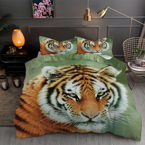 LLSZAHD BettwäSche 155x220 Tiger Mikrofaser Bettbezug 155x220 Set mit 80x80 cm Kissenbezug, BettwäSche-Sets Niedlich Bügelfrei für Einzelbetten mit ReißVerschluss von LLSZAHD