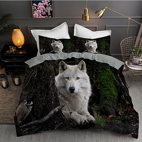 LLSZAHD BettwäSche 155x220 Wälder. Weißer Wolf. 3D Bettbezug Weiche und Angenehme Mikrofaser BettwäSche-Sets mit Reißverschluss Schließung + 2 Kissenbezug 80 X 80 cm von LLSZAHD