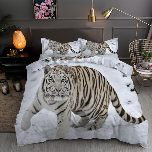 LLSZAHD BettwäSche 155x220 Weißer Tiger Mikrofaser Bettbezug 155x220 Set mit 80x80 cm Kissenbezug, BettwäSche-Sets Schnee Bügelfrei für Einzelbetten mit ReißVerschluss von LLSZAHD
