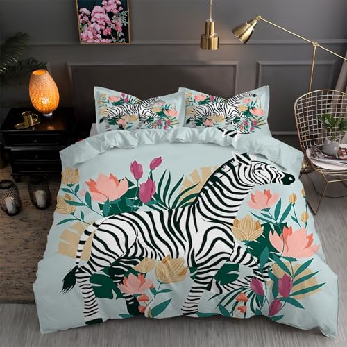 LLSZAHD BettwäSche 155x220 Zebra, Blumen Bettbezug 155x220 3 Teilig mit ReißVerschluss Weich und BüGelfrei BettwäSche-Sets - WendebettwäSche mit 2 Kissenbezug 80x80 von LLSZAHD