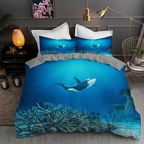 LLSZAHD BettwäSche 200x200 Blau Orca. 3D Bettbezug Weiche und Angenehme Mikrofaser BettwäSche-Sets mit Reißverschluss Schließung + 2 Kissenbezug 80 X 80 cm von LLSZAHD