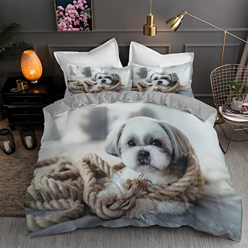 LLSZAHD BettwäSche 200x220 Grau Shih Tzu 3D Bettbezug Weiche und Angenehme Mikrofaser BettwäSche-Sets mit Reißverschluss Schließung + 2 Kissenbezug 80 X 80 cm von LLSZAHD