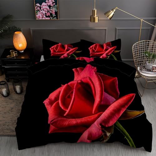 LLSZAHD BettwäSche 220x240 Rote Rose Bettbezug 220x240 3 Teilig mit ReißVerschluss Blumen Weich und bügelfrei BettwäSche-Sets - WendebettwäSche mit 2 Kissenbezug 80x80 von LLSZAHD