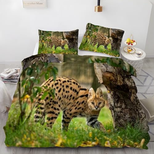 LLSZAHD Bettwäsche 135x200 Serval Katze Bettwäsche-Sets Niedlich 3D Drucken Bettwäsche 3 Teiliges Set mit Reißverschluss - Atmungsaktiv Weich Bequem Mikrofaser Bettbezug + 2 Kissenbezug 80x80 cm von LLSZAHD