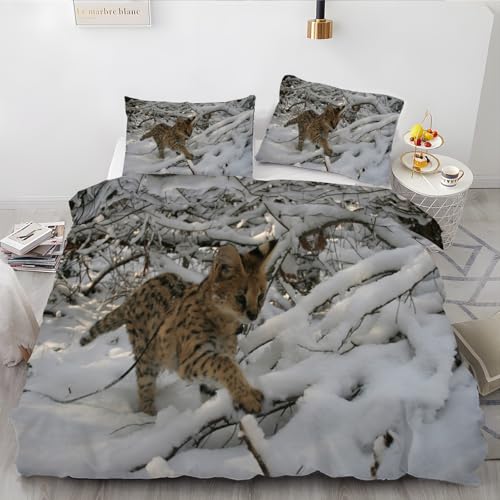 LLSZAHD Bettwäsche 135x200 Serval Katze Bettwäsche-Sets Schnee 3D Drucken Bettwäsche 3 Teiliges Set mit Reißverschluss - Atmungsaktiv Weich Bequem Mikrofaser Bettbezug + 2 Kissenbezug 80x80 cm von LLSZAHD