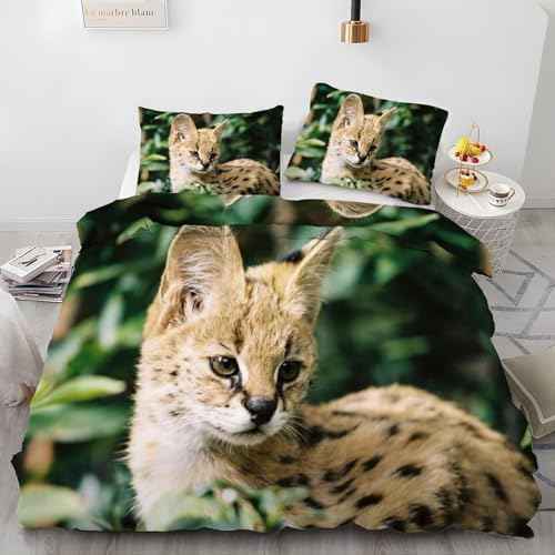 LLSZAHD Bettwäsche 135x200 Serval Katze Bettwäsche-Sets Wiese 3D Drucken Bettwäsche 3 Teiliges Set mit Reißverschluss - Atmungsaktiv Weich Bequem Mikrofaser Bettbezug + 2 Kissenbezug 80x80 cm von LLSZAHD