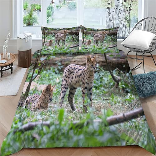 LLSZAHD Serval Katze Bettwäsche 155x220 cm Tier Muster Bettbezug und 2 Kopfkissenbezug 80x80 cm, 110gsm Mikrofaser Flauschige Pflegeleichtigkeit Bettwäsche Set mit Reißverschluss von LLSZAHD
