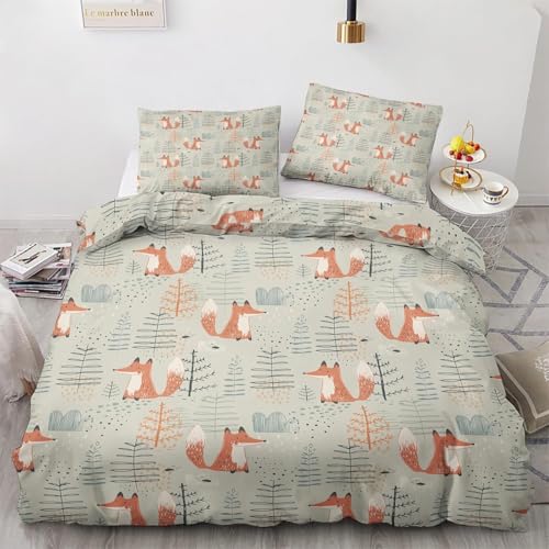 LLSZAHD Sommer BettwäSche 135x200 Cartoon-Fuchs Bettbezug 135x 200 3 Teilig mit ReißVerschluss Blatt Weich und bügelfrei BettwäSche-Sets - WendebettwäSche mit 2 Kissenbezug 80x80 von LLSZAHD